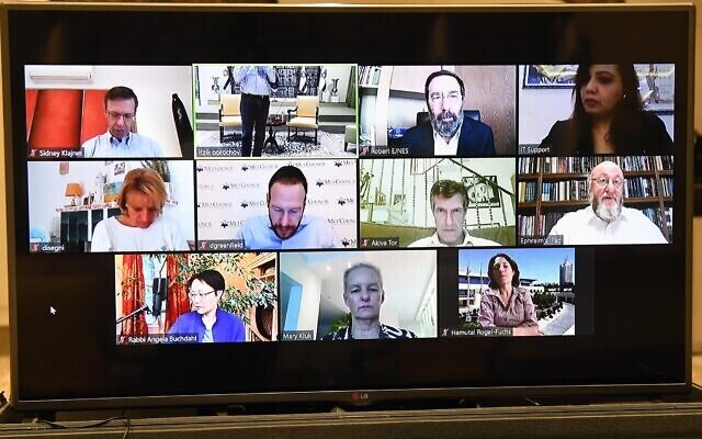 Screen capture from a video-conference call between President Reuven Rivlin and Jewish community leaders from around the world, April 5, 2020. (Mark Neyman/GPO)