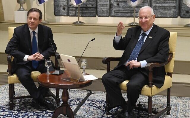 Chairman of the Jewish Agency Isaac Herzog, left, and President Reuven Rivlin during a video-conference call with Jewish community leaders from around the world, April 5, 2020. (Mark Neyman/GPO)