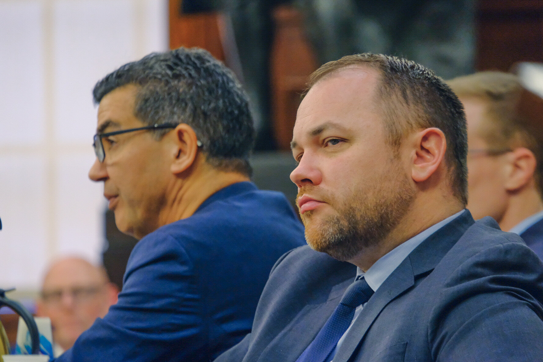 Council Speaker Corey Johnson listens at a recent council hearing.