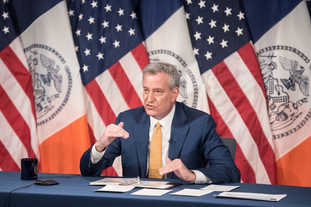 Mayor Bill de Blasio holds a media availability. City Hall on Friday, May 8, 2020. (Michael Appleton/Mayoral Photography Office)