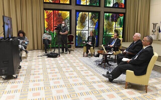 President Reuven Rivlin (second from right) holds a pre-Passover video conference with world Jewish leaders on April 5, 2020 (Mark Neyman / GPO)