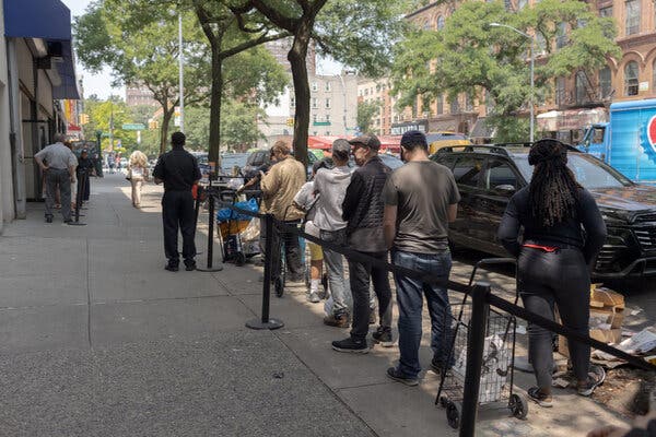 People stand on line along a sidewalk. Some have shopping carts with them.